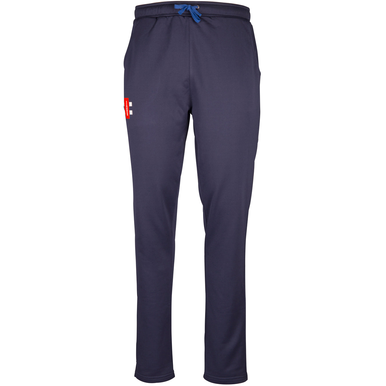 Black Gray Nicolls Pro Performance Senior Training Trousers featuring moisture management, adjustable drawstring waistband, side pockets, and a small red and white logo on the upper right side. Displayed on a plain white background.