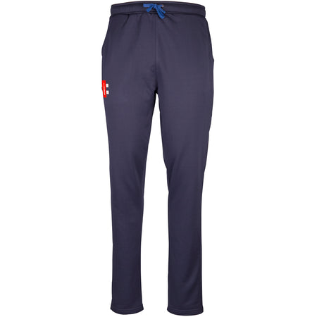 Black Gray Nicolls Pro Performance Senior Training Trousers featuring moisture management, adjustable drawstring waistband, side pockets, and a small red and white logo on the upper right side. Displayed on a plain white background.
