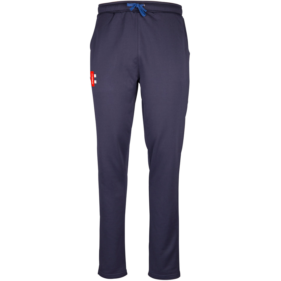 Black Gray Nicolls Pro Performance Senior Training Trousers featuring moisture management, adjustable drawstring waistband, side pockets, and a small red and white logo on the upper right side. Displayed on a plain white background.