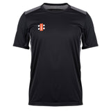 The Gray Nicolls Rockhampton CC Pro Performance T-Shirt - Junior is a black shirt with gray shoulder accents and a small red and white logo on the left chest, shown on a plain white background. Lightweight and fast-drying.