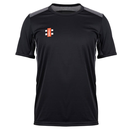 The Gray Nicolls Rockhampton CC Pro Performance T-Shirt - Junior is a black shirt with gray shoulder accents and a small red and white logo on the left chest, shown on a plain white background. Lightweight and fast-drying.