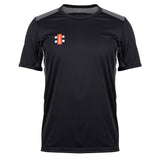 The Gray Nicolls Penallt & Redbrook CC Pro Performance T-Shirt is a black, short-sleeve athletic shirt with gray shoulder accents and a small red-and-white vertical logo on the left chest, made from fast-drying fabric. Displayed on white background.