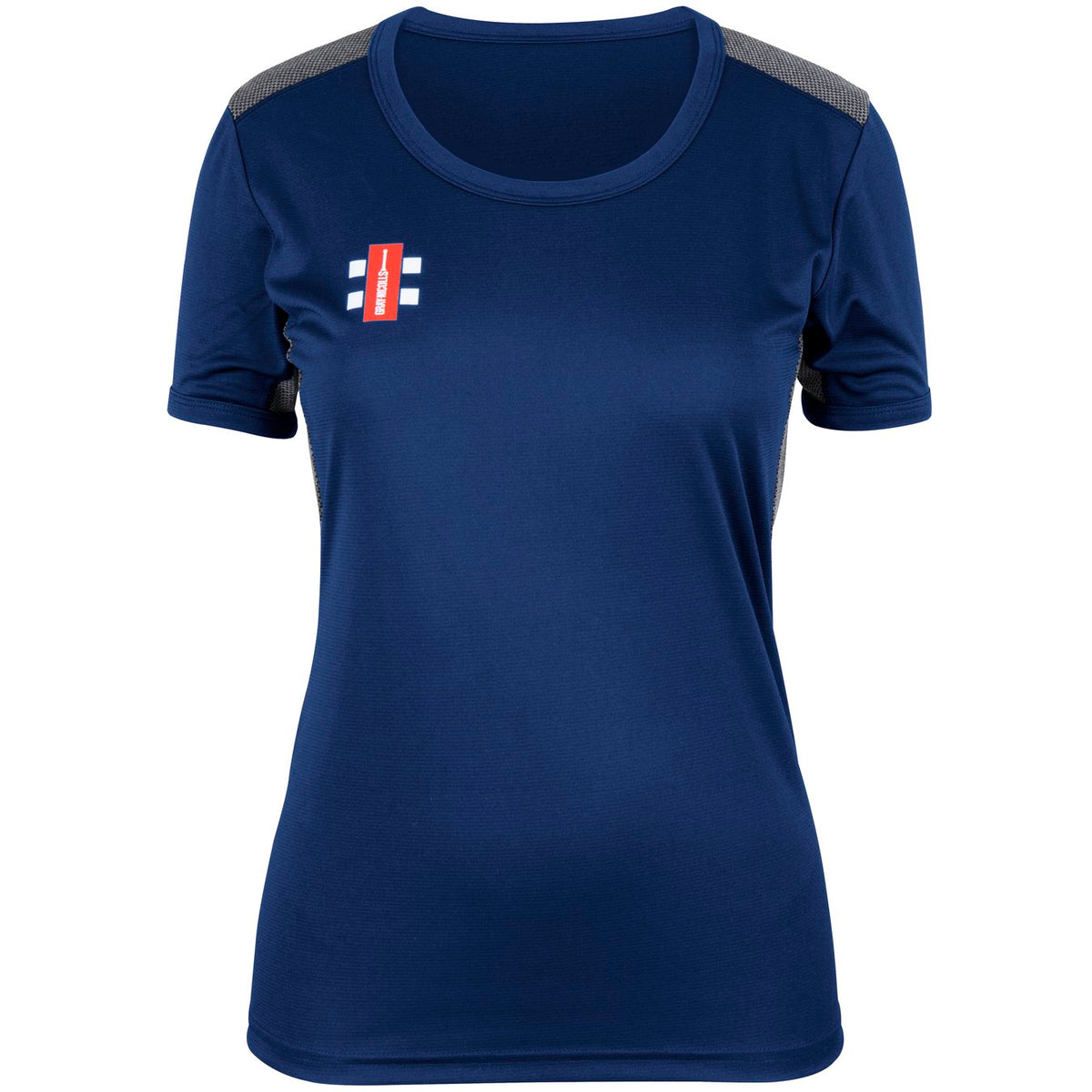 The Gray Nicolls Pro Performance Ladies T-Shirt is a navy activewear top with gray shoulder panels and a small red and white logo on the left chest, designed for moisture wicking—ideal for intense training. Shown on a white background.