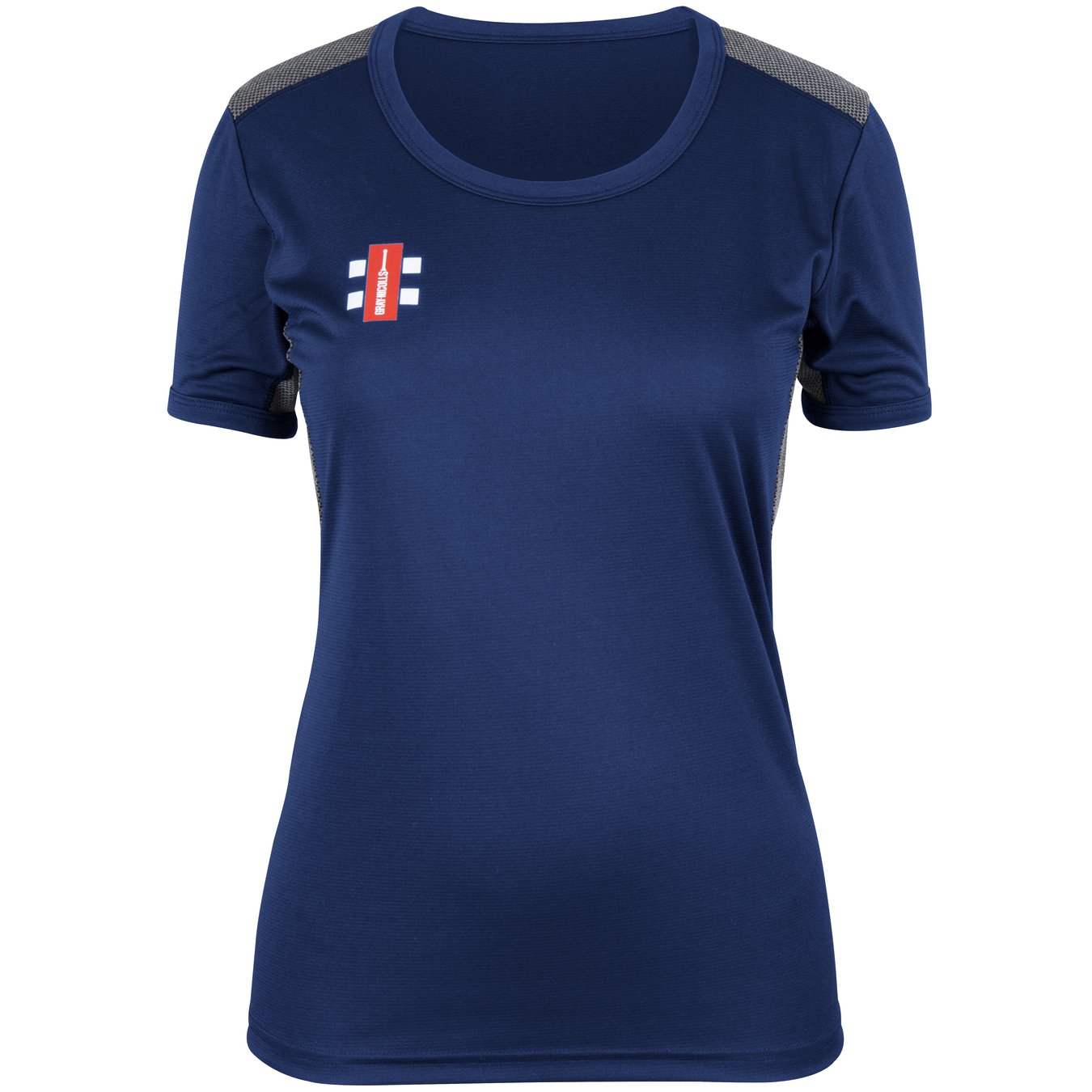 The Gray Nicolls Pro Performance Ladies T-Shirt is a navy activewear top with gray shoulder panels and a small red and white logo on the left chest, designed for moisture wicking—ideal for intense training. Shown on a white background.