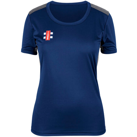 The Gray Nicolls Pro Performance Ladies T-Shirt is a navy activewear top with gray shoulder panels and a small red and white logo on the left chest, designed for moisture wicking—ideal for intense training. Shown on a white background.