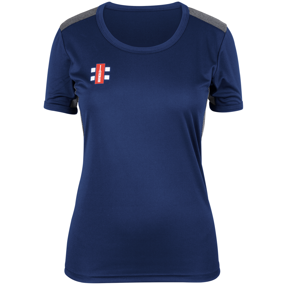 The Gray Nicolls Monmouth CC Pro Performance Short Sleeve Women's T-Shirt is navy blue with gray shoulder panels and a small red and white Monmouth CC logo on the left chest, shown against a plain white background.