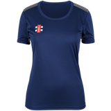The Gray Nicolls Monmouth CC Pro Performance Short Sleeve Women's T-Shirt is navy blue with gray shoulder panels and a small red and white Monmouth CC logo on the left chest, shown against a plain white background.