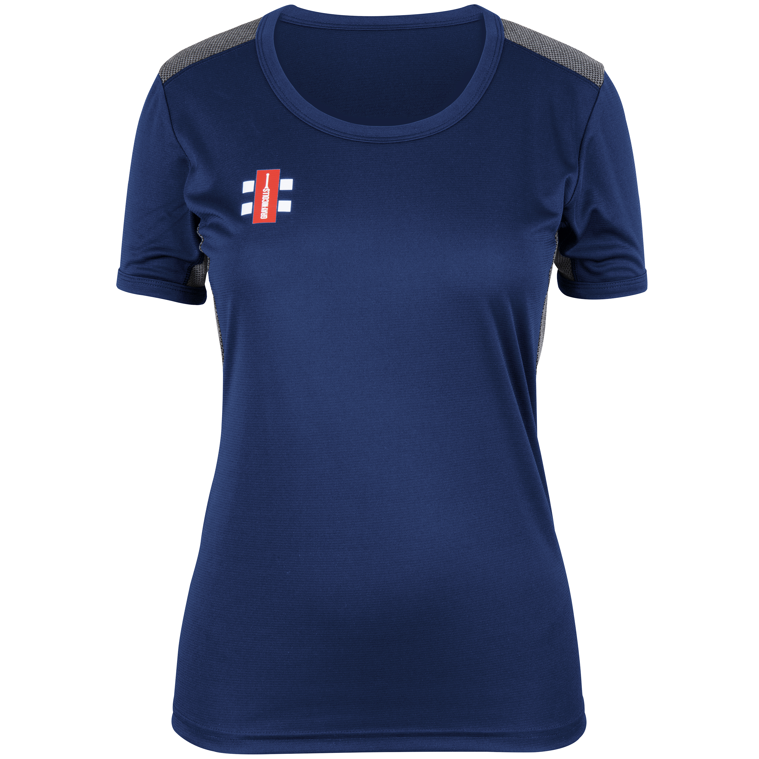 The Gray Nicolls Monmouth CC Pro Performance Short Sleeve Women's T-Shirt is navy blue with gray shoulder panels and a small red and white Monmouth CC logo on the left chest, shown against a plain white background.