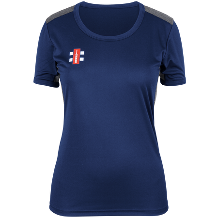 The Gray Nicolls Monmouth CC Pro Performance Short Sleeve Women's T-Shirt is navy blue with gray shoulder panels and a small red and white Monmouth CC logo on the left chest, shown against a plain white background.