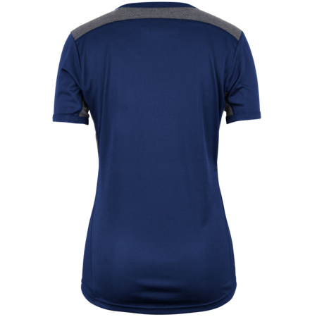The Gray Nicolls Monmouth CC Pro Performance Short Sleeve Women's T-Shirt in navy features a fitted design, short sleeves, and a contrasting gray panel across the upper back, as seen from the rear view.