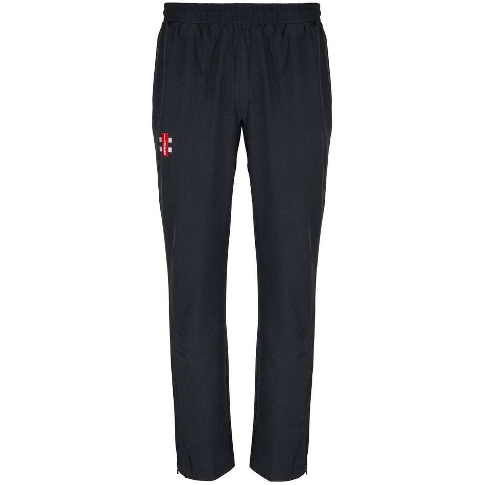 The Gray Nicolls Rockhampton CC Velocity Track Trouser - Junior features an athletic fit, elastic waistband, small red and white logo on the upper left thigh, and a straight-leg design ideal for workouts or daily wear.