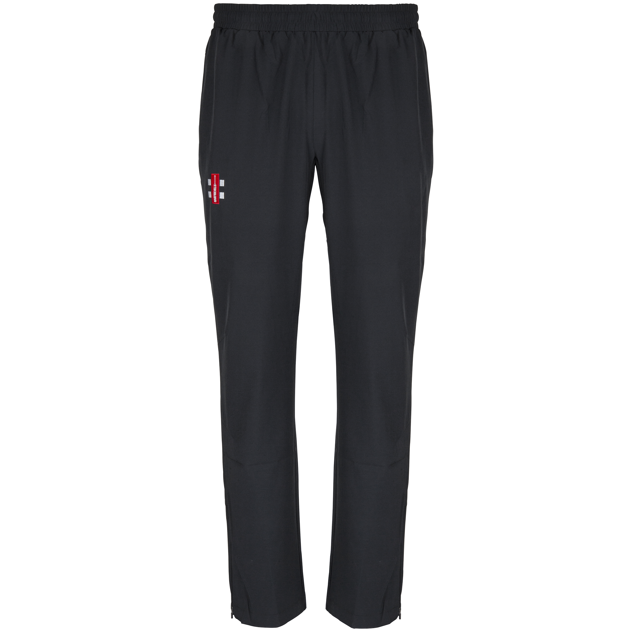 The Gray Nicolls Woolhope CC Velocity Track Trouser features an athletic fit, elastic waistband, and a red and white England cricket logo on the upper left thigh. These black trousers offer four-way stretch for comfort, shown on a plain white background.