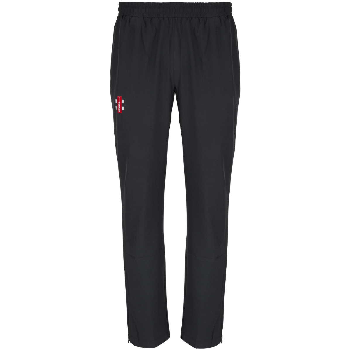 The Gray Nicolls National Star College CC Velocity Track Trouser features a black athletic fit, elastic waistband, and a small red and white logo on the left thigh—ideal for cricket sessions. Shown against a plain white background.