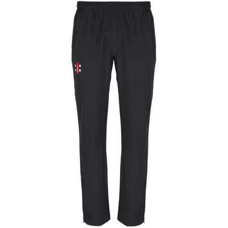 The Gray Nicolls National Star College CC Velocity Track Trouser features a black athletic fit, elastic waistband, and a small red and white logo on the left thigh—ideal for cricket sessions. Shown against a plain white background.