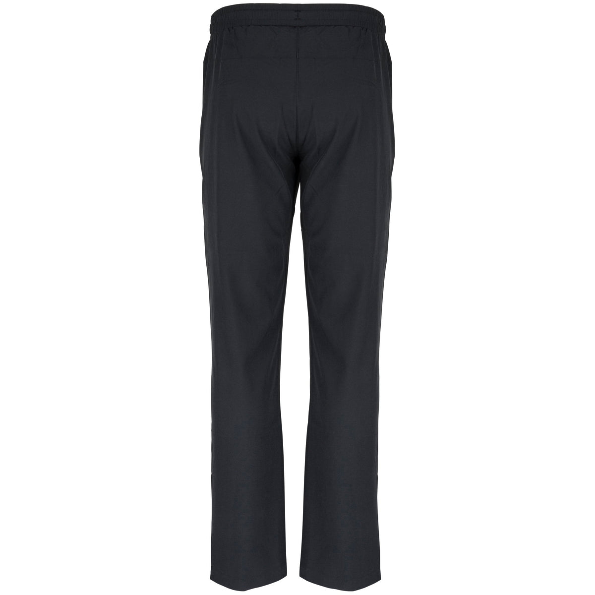 Back view of the Gray Nicolls National Star College CC Velocity Track Trouser—plain black with an elastic waistband and straight legs, designed for a comfortable athletic fit, perfect for cricket training.