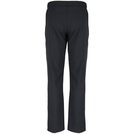 Back view of the Gray Nicolls National Star College CC Velocity Track Trouser—plain black with an elastic waistband and straight legs, designed for a comfortable athletic fit, perfect for cricket training.