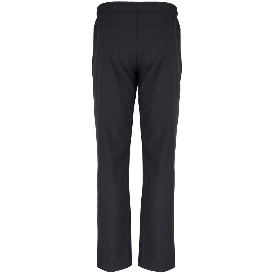 Back view of the Gray Nicolls National Star College CC Velocity Track Trouser—plain black with an elastic waistband and straight legs, designed for a comfortable athletic fit, perfect for cricket training.
