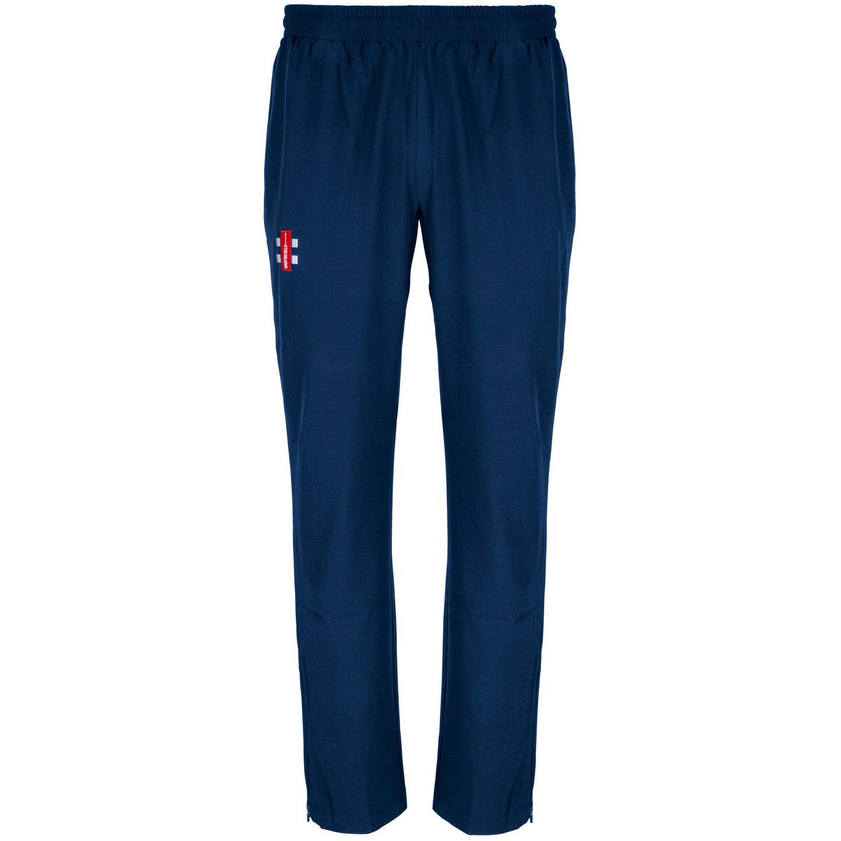 Gray Nicolls Monmouth CC Velocity Track Trousers in navy blue with an elastic waistband and a red and white logo on the upper left thigh, shown on a white background. Ideal track trousers for an active lifestyle.