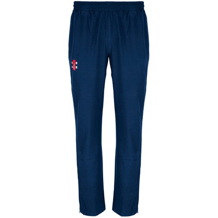 Gray Nicolls Monmouth CC Velocity Track Trousers in navy blue with an elastic waistband and a red and white logo on the upper left thigh, shown on a white background. Ideal track trousers for an active lifestyle.