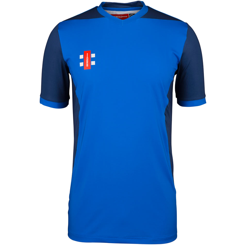The Gray Nicolls Quedgeley & Hardwicke CC T20 Youth Cricket Shirt is a blue short-sleeve top with dark blue shoulders and sides, plus a small red and white logo on the left chest. Suitable for ladies and youth, it features no extra designs or text.