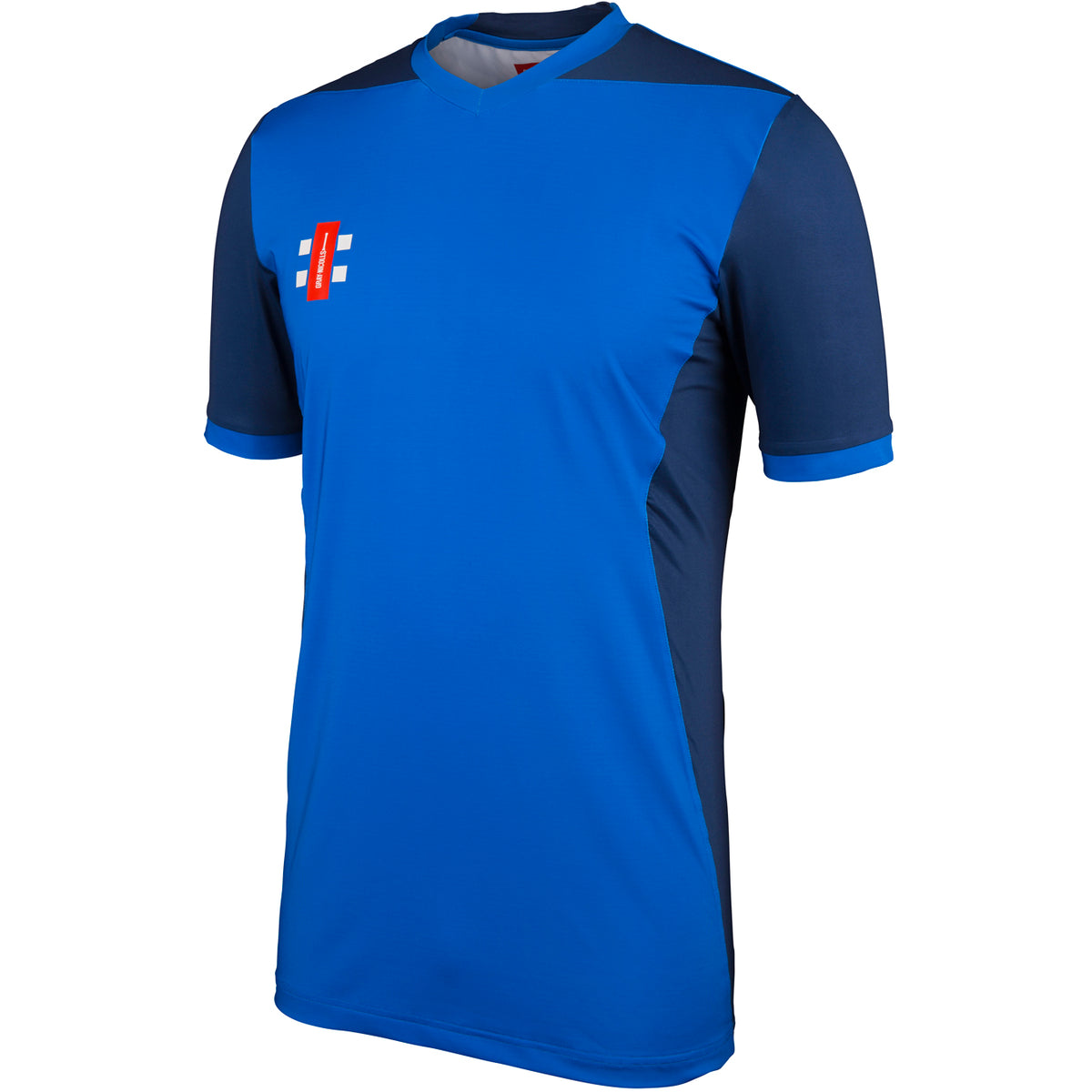 The Gray Nicolls Quedgeley & Hardwicke CC T20 Youth Cricket Shirt features short sleeves, blue body with dark blue side panels and shoulders, a red and white chest logo, and a V-neck—perfect for youth cricket.