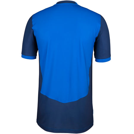 The Quedgeley & Hardwicke CC T20 Youth Cricket Shirt by Gray Nicolls is shown from the back, featuring short sleeves and a dark blue body with a bright blue upper section and sleeve cuffs, displayed on a plain white background.