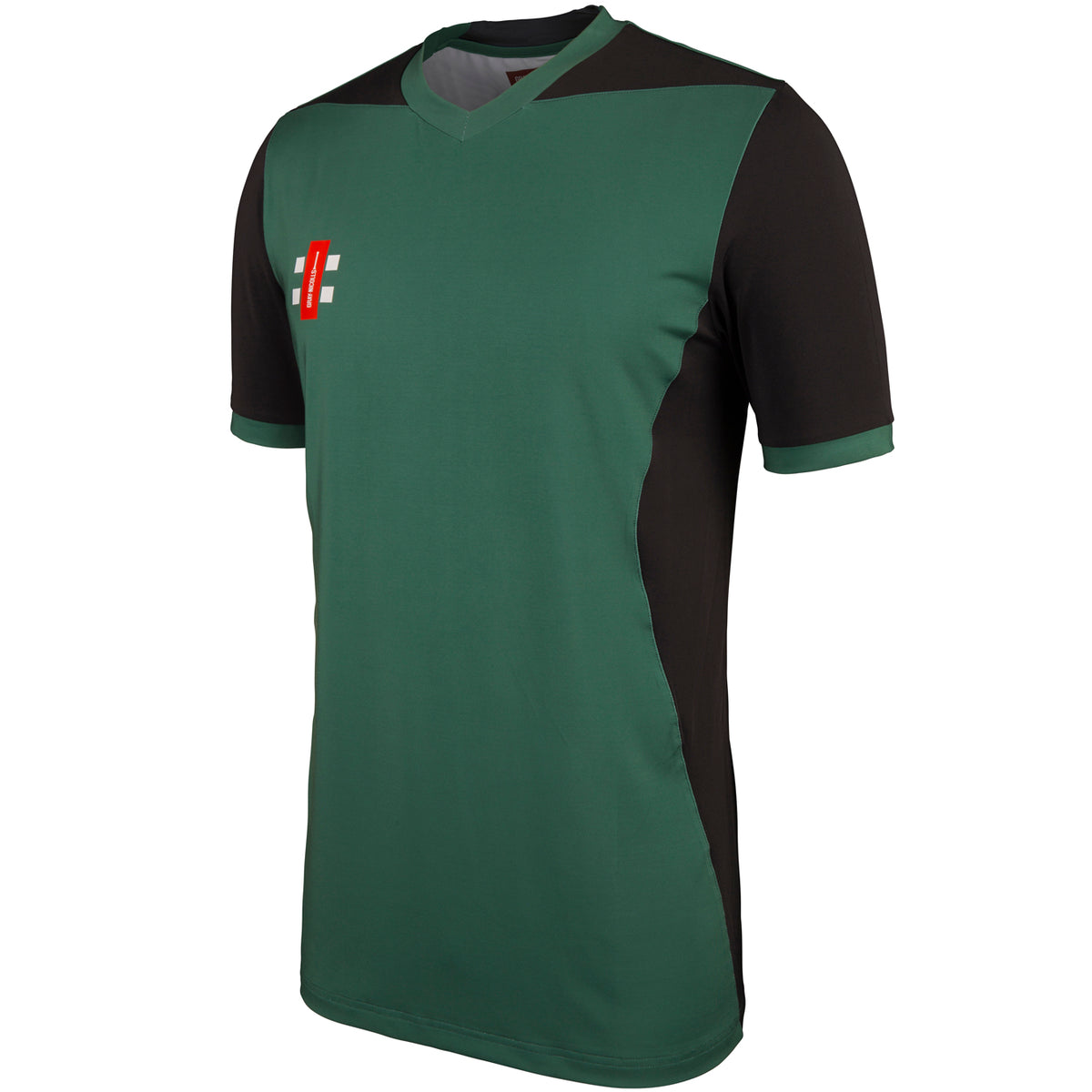 The Gray Nicolls T20 Shirt Short Sleeve features a green front and back, black sleeves and side panels, a V-shaped collar with green and black accents, plus the red and white Gray Nicolls logo—a perfect T20 cricket shirt.