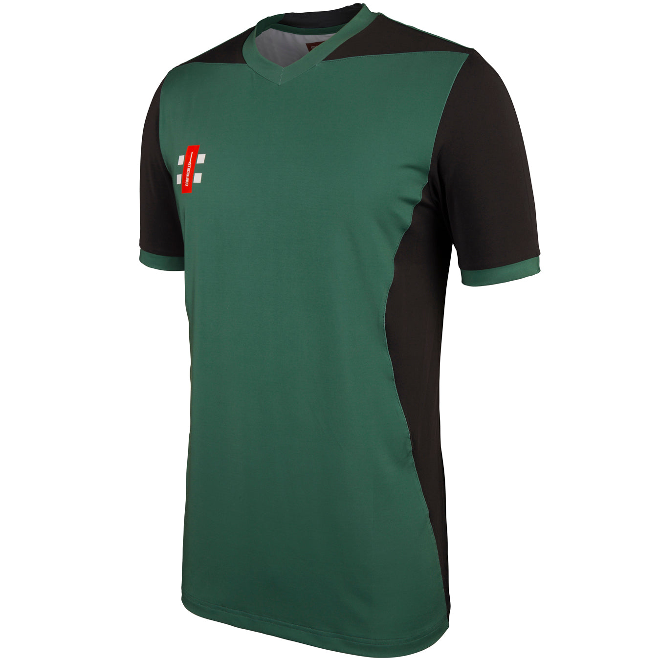 The Gray Nicolls T20 Shirt Short Sleeve features a green front and back, black sleeves and side panels, a V-shaped collar with green and black accents, plus the red and white Gray Nicolls logo—a perfect T20 cricket shirt.