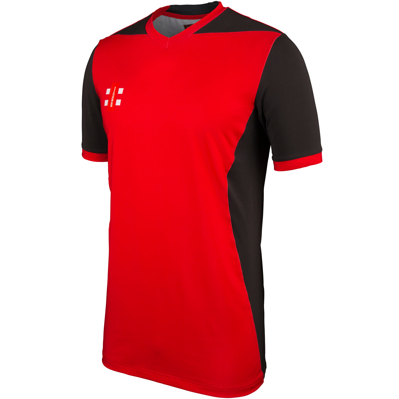 The Gray Nicolls T20 Shirt Short Sleeve features a red front, black sleeves and side panels, and a small white geometric logo on the upper left chest—ideal for a stylish cricket look.