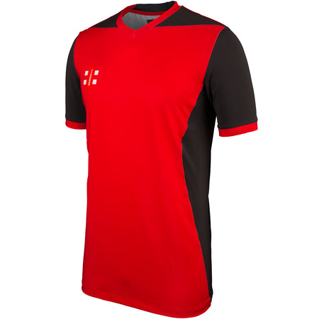 The Gray Nicolls T20 Shirt Short Sleeve features a red front, black sleeves and side panels, and a small white geometric logo on the upper left chest—ideal for a stylish cricket look.