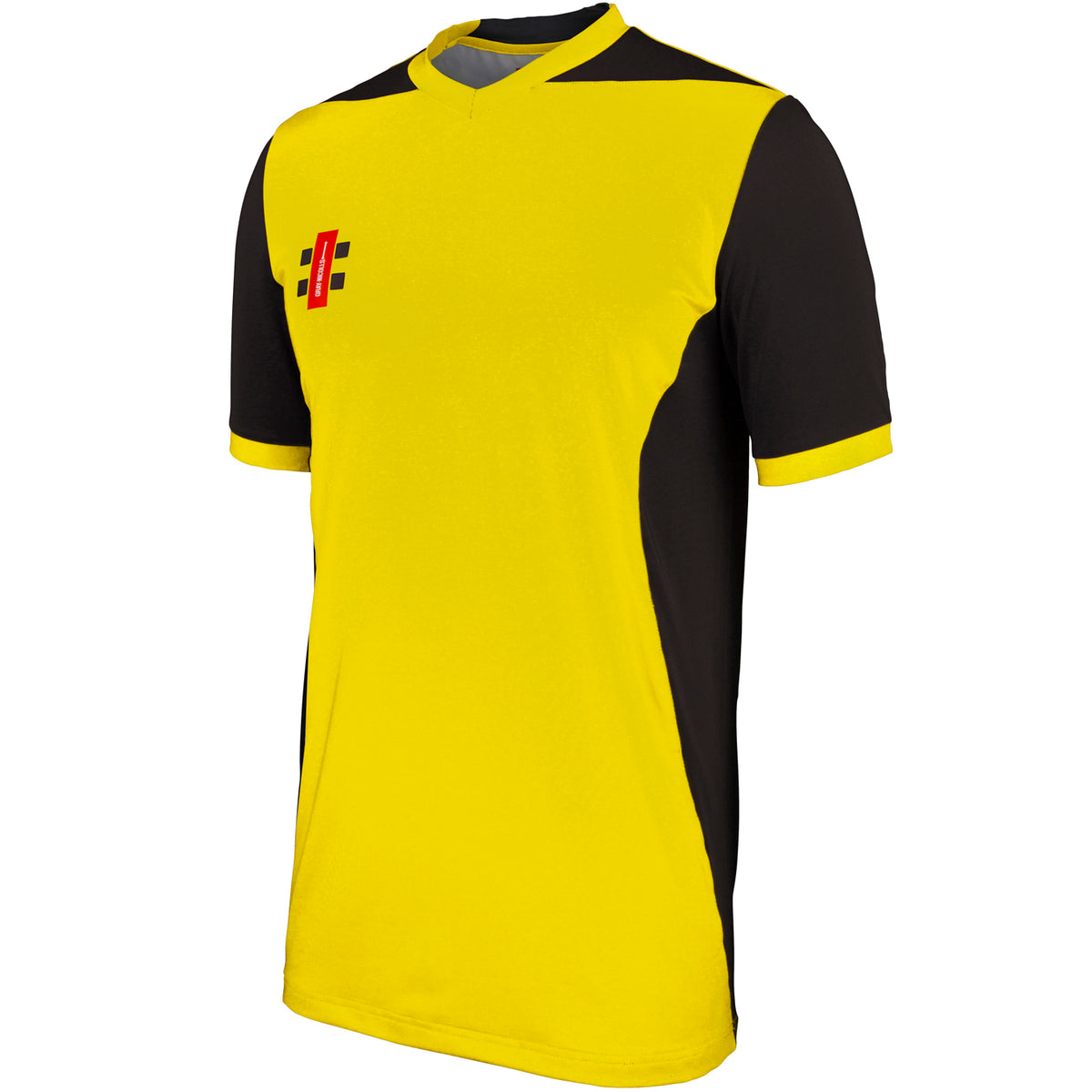 The Gray Nicolls T20 Shirt Short Sleeve features a yellow body with black sleeves, side panels, and collar trim plus a small red and black logo on the chest—perfect for T20 cricket.