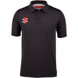 The Gray Nicolls Rockhampton CC Pro Performance Polo - Junior is a black cricket polo shirt with moisture management, a three-button collar, and features the red and white Rockhampton CC rectangular logo with white vertical stripes on the right chest.