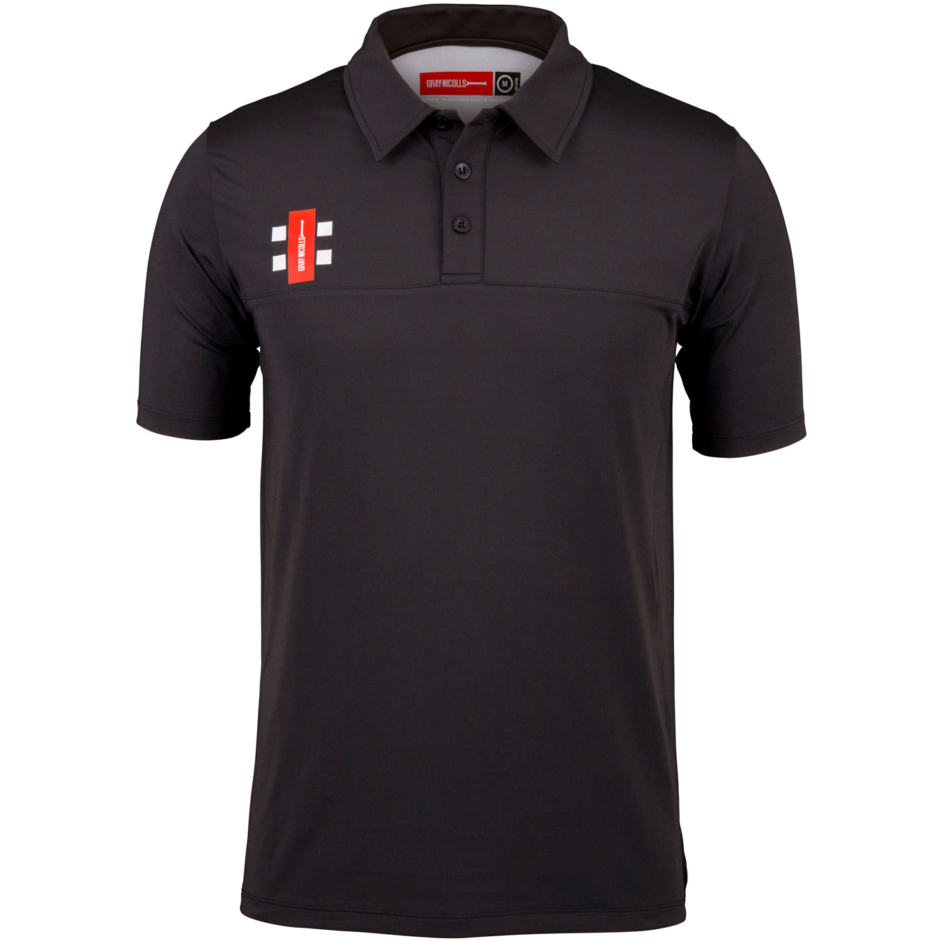 The Gray Nicolls Rockhampton CC Pro Performance Polo - Junior is a black cricket polo shirt with moisture management, a three-button collar, and features the red and white Rockhampton CC rectangular logo with white vertical stripes on the right chest.