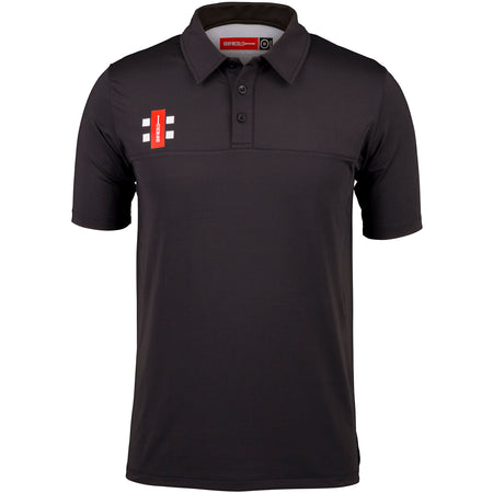 The Gray Nicolls Rockhampton CC Pro Performance Polo - Junior is a black cricket polo shirt with moisture management, a three-button collar, and features the red and white Rockhampton CC rectangular logo with white vertical stripes on the right chest.