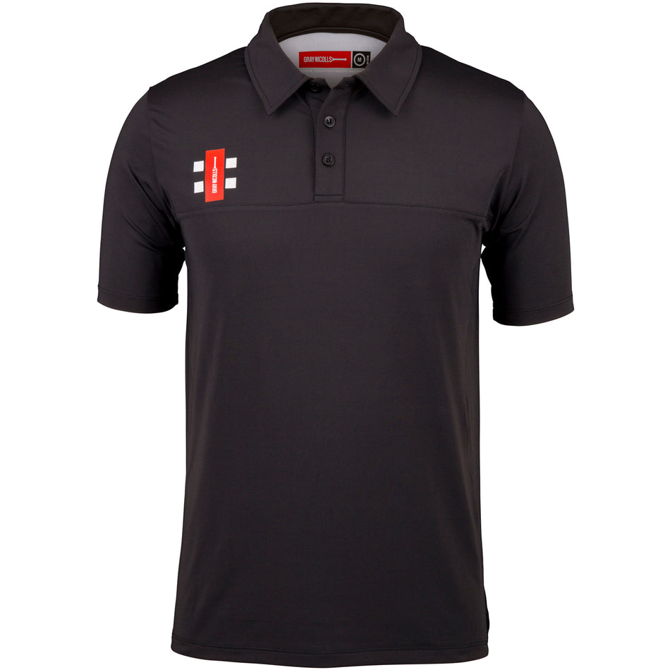 The Gray Nicolls Rockhampton CC Pro Performance Polo - Junior is a black cricket polo shirt with moisture management, a three-button collar, and features the red and white Rockhampton CC rectangular logo with white vertical stripes on the right chest.