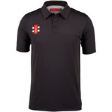 The Penallt & Redbrook CC Pro Performance Polo by Gray Nicolls is a black short-sleeve cricket shirt with a buttoned collar and white/red logo details on the right chest. Designed for comfort and moisture management, shown against a plain white background.