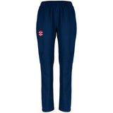 Gray Nicolls Velocity Ladies Track Trousers feature a regular fit in navy blue, an elastic waistband, and a small red and white logo on the upper left thigh. Made from lightweight fabric, these stylish pants have no visible pockets or drawstrings.