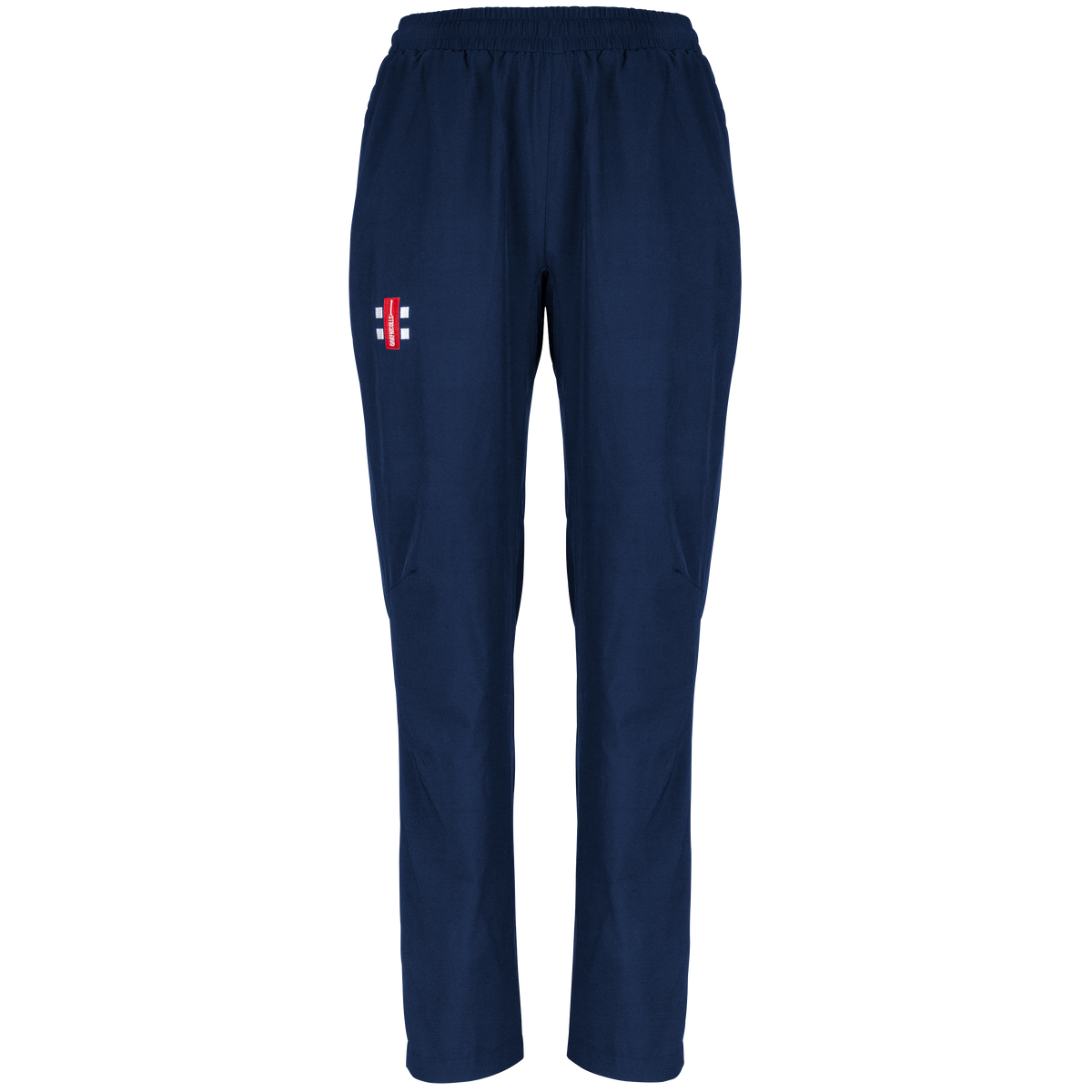 Gray Nicolls Monmouth CC Velocity Track Trousers Women's in navy blue, featuring an elastic waistband and a small red and white logo on the left thigh, perfect for athletic or cricket training, shown on a plain white background.