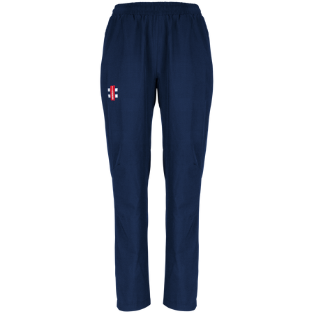 Gray Nicolls Monmouth CC Velocity Track Trousers Women's in navy blue, featuring an elastic waistband and a small red and white logo on the left thigh, perfect for athletic or cricket training, shown on a plain white background.