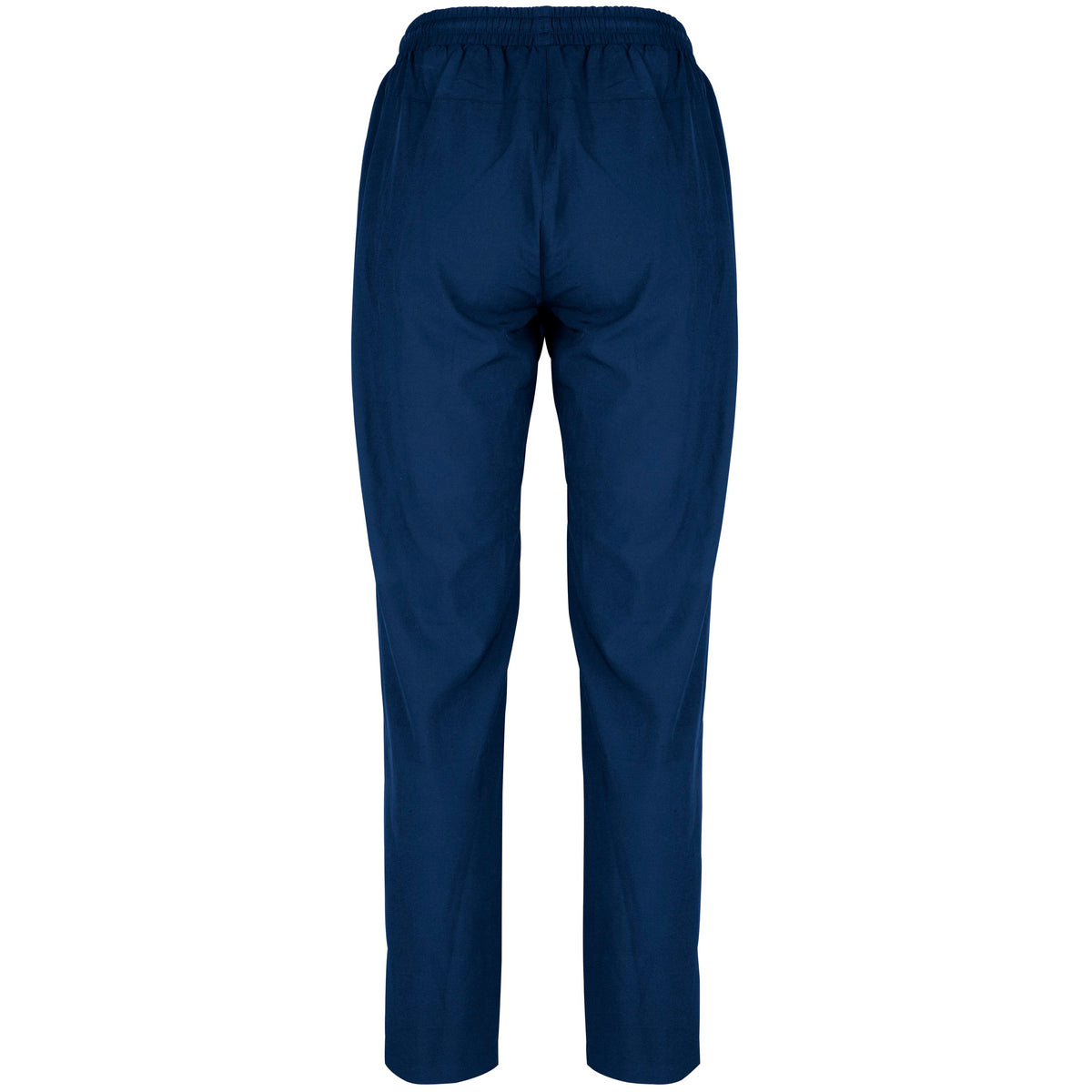 Back view of Gray Nicolls Monmouth CC Velocity Track Trousers Women's in navy blue, featuring an elastic waistband and straight legs, displayed on a white background.