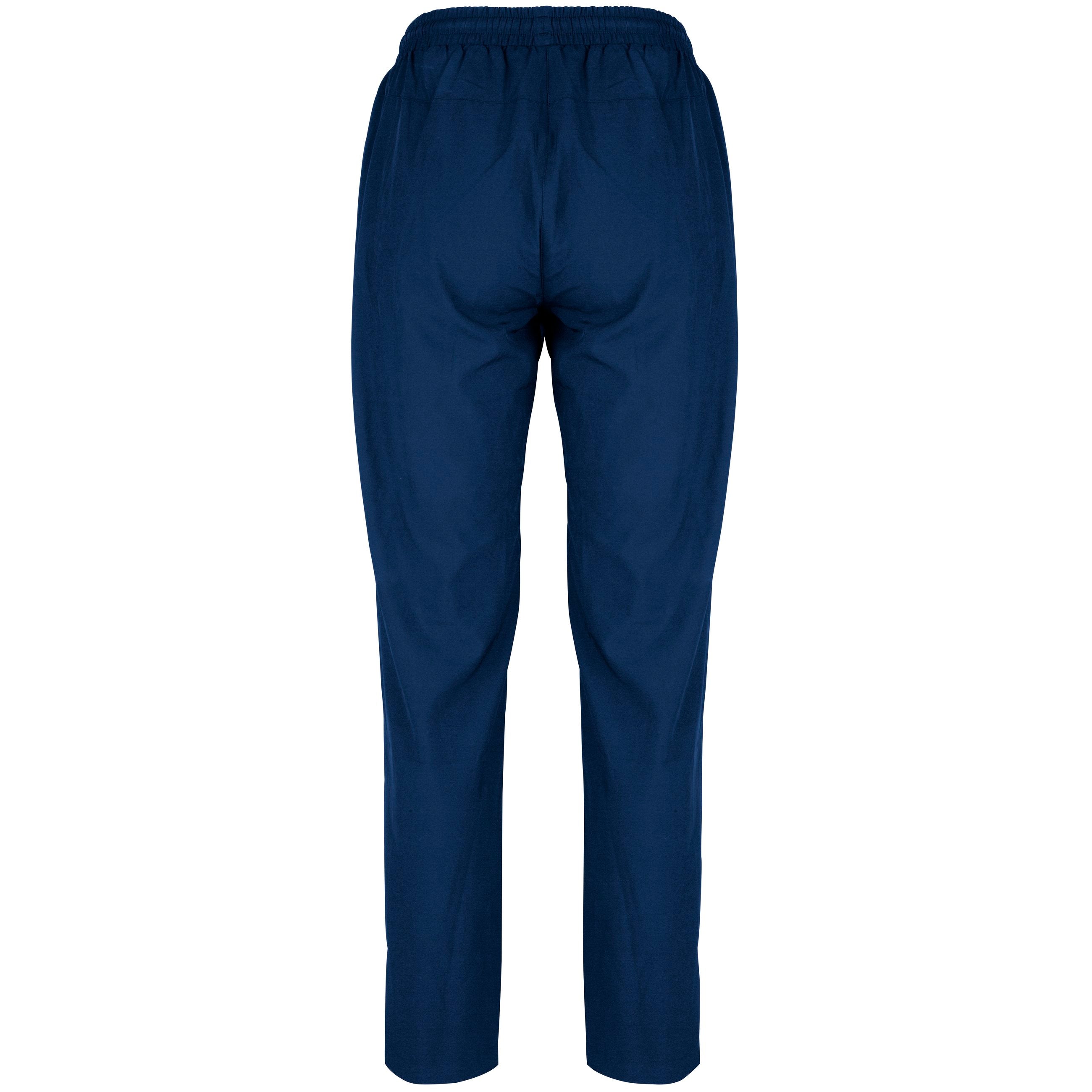 Back view of Gray Nicolls Monmouth CC Velocity Track Trousers Women's in navy blue, featuring an elastic waistband and straight legs, displayed on a white background.