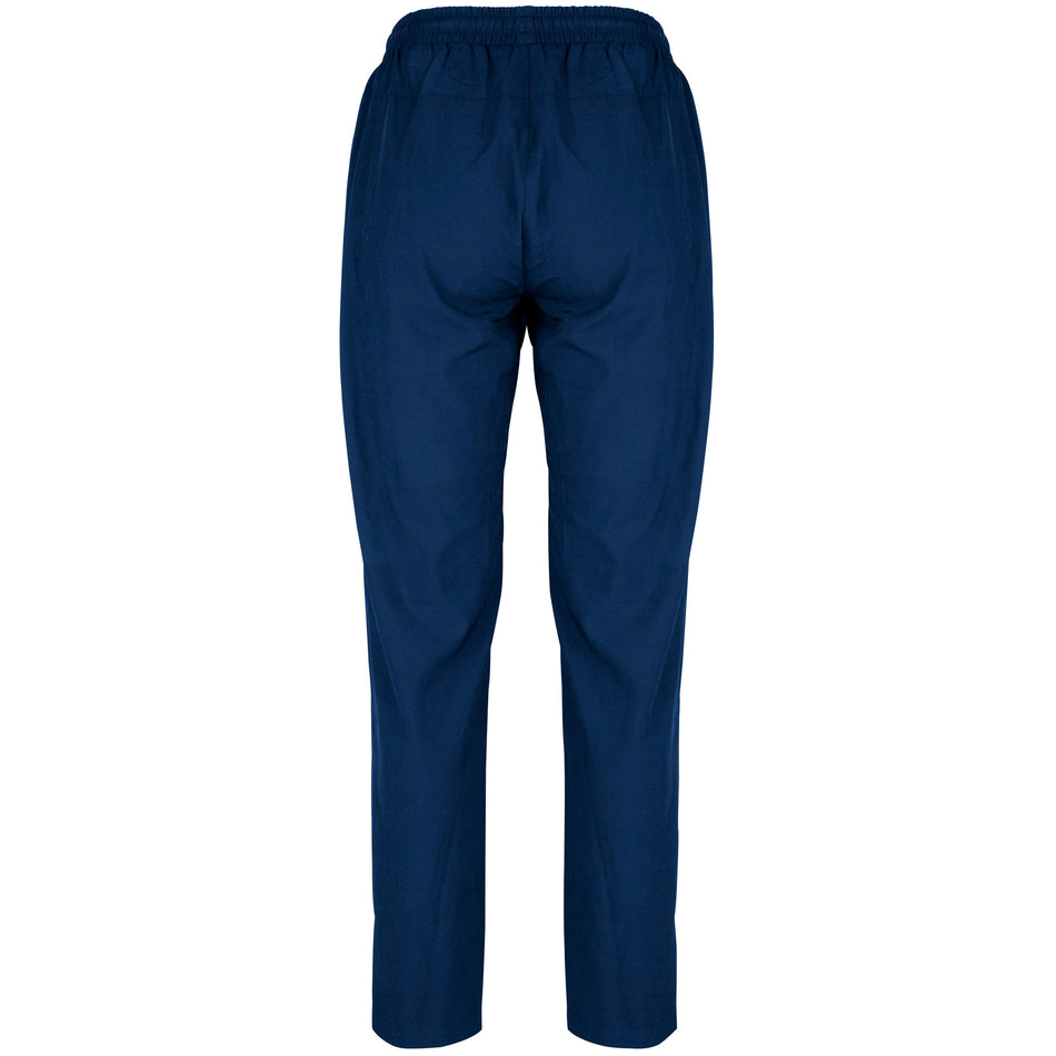 Back view of Gray Nicolls Monmouth CC Velocity Track Trousers Women's in navy blue, featuring an elastic waistband and straight legs, displayed on a white background.