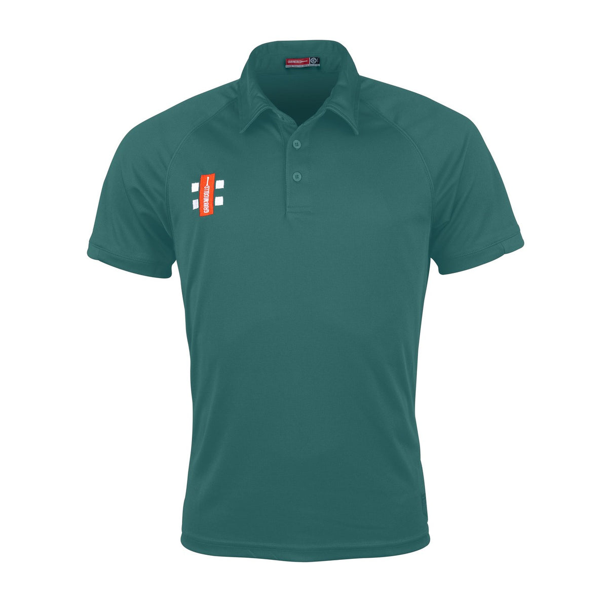 The Gray Nicolls Rockhampton CC Matrix V2 Polo Shirt - Junior in green features a collar, three buttons, moisture management fabric, and a small orange and white rectangular logo on the left chest—perfect for training or casual wear.