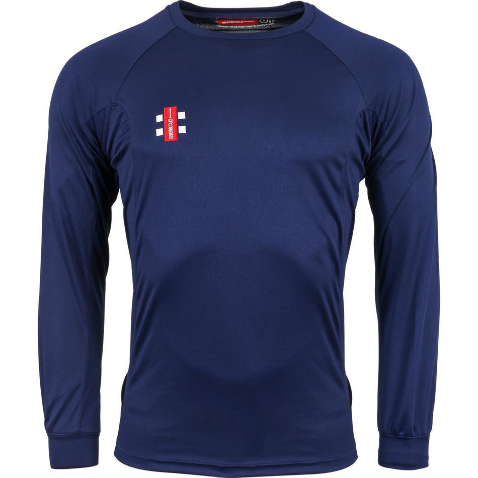 The Gray Nicolls Kempton CC Matrix V2 Long Sleeve T-Shirt is navy blue with a small red and white embroidered club logo on the left chest, shown on a white background.