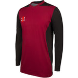 The Gray Nicolls T20 Shirt Long Sleeve is a maroon and black cricket top with a white and orange logo on the chest—perfect as a stylish option for T20 matches.
