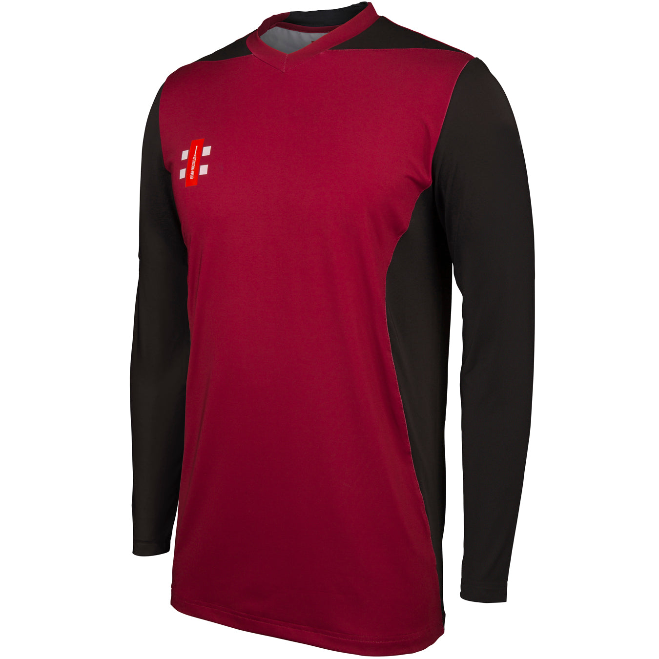 The Gray Nicolls T20 Shirt Long Sleeve is a maroon and black cricket top with a white and orange logo on the chest—perfect as a stylish option for T20 matches.