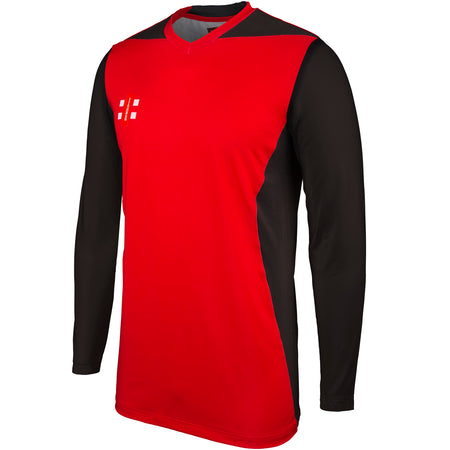 The Gray Nicolls T20 Shirt Long Sleeve features a red front with black sleeves and side panels. Branded with a white Gray Nicolls logo on the chest, it’s ideal for T20 matches. Color: Red/Black.