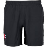 The Martin Berrill Sports National Star College CC Black Training Shorts feature an elastic waistband, side pockets, and a red and white patch with text and cross on the lower left leg—ideal minimalist cricket shorts for comfort and performance.