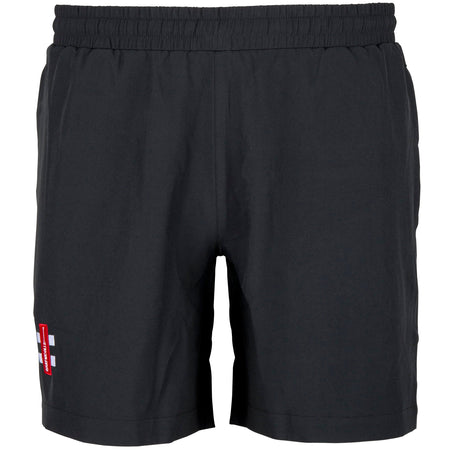 The Gray Nicolls Overbury CC Velocity Training Shorts feature an elastic waistband, side pockets, and a red and white logo patch by the left hem. These black shorts offer a simple, functional design—ideal for cricket training sessions.