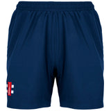 Gray Nicolls Velocity Ladies Shorts feature an elastic waistband, comfortable mesh lining, side pockets, and a small red and white logo patch on the lower left leg. Color: Navy. Brand: Gray Nicolls.